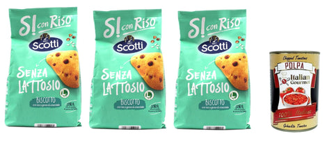 Italian Gourmet E.R. Snack Kuchen & Backwaren Si con Riso - Biscotto con riso e gocce di cioccolato - Kekse mit Reis und Schokoladenchips, Laktose -freie und palmenfreie Kekse, Lactose -free biscuits 3x 350 g + Italian Gourmet polpa 400g 8032804040014
