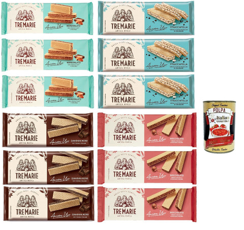 Italian Gourmet E.R. Snack Kuchen & Backwaren Tre Marie Ancora Uno Testpaket, Wafer Waffeln gefüllt mit Creme und Haselnuss, Stracciatella, Mandel und Gianduia 12x 140g + Italian gourmet polpa 400g 8032804040014