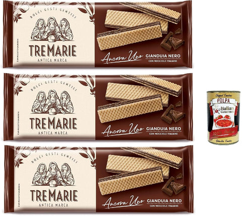 Italian Gourmet E.R. Snack Kuchen & Backwaren Tre Marie Ancora Uno Wafer Gianduia Nero mit Gianduja-Creme Produkt erhalten von Piemont Haselnuss IGP 3x 175g + Italian Gourmet polpa 400g 8032804040014
