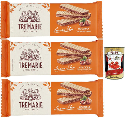 Italian Gourmet E.R. Snack Kuchen & Backwaren Tre Marie Ancora Uno Wafer Nocciola Waffeln mit Haselnusscreme Produkt erhalten von Piemont Haselnuss IGP 3x 175g + Italian Gourmet polpa 400g 8032804040014