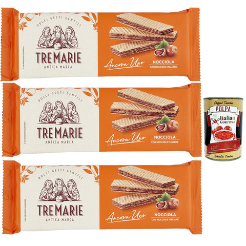 Tre Marie Ancora Uno Wafer Nocciola Waffeln mit Haselnusscreme Produkt erhalten von Piemont Haselnuss IGP 3x 175g Original italienisch inkl. Italian Gourmet Polpa 400g