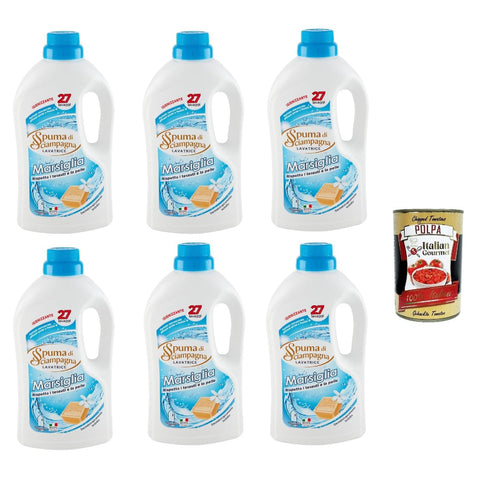 Spuma di Sciampagna Detersivo Lavatrice Marsiglia, Desinfizierendes Flüssigwaschmittel, 27 Wäschen 6x 1215ml inkl. Italian Gourmet polpa 400g Original italienisch