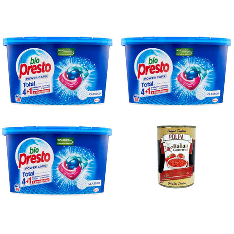 Bio PResto Power Caps Classico, Prädikat -Waschmaschinenwaschmittel in Kapseln für farbige Kleidungsstücke, Packung 3x 18 Waschen Original italienisch inkl. Italian Gourmet Polpa 400g
