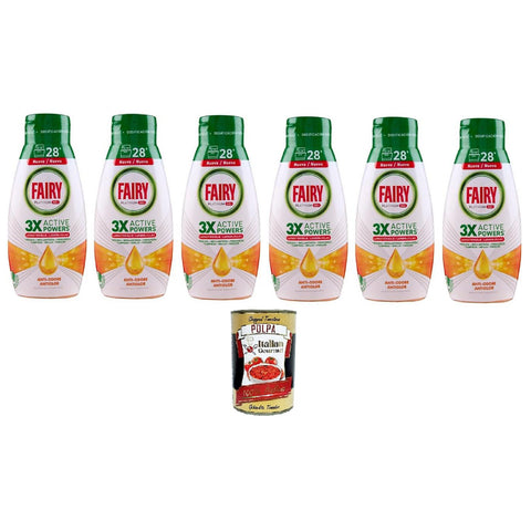 Finish Fairy Anti-Geruch-Platin-Geschirrspülgel, Geschirrspülmittel mit frischen Zitrusfrüchten, 28 Waschgänge, 6x 504 ml Original italienisch inkl. Italian Gourmet Polpa 400g