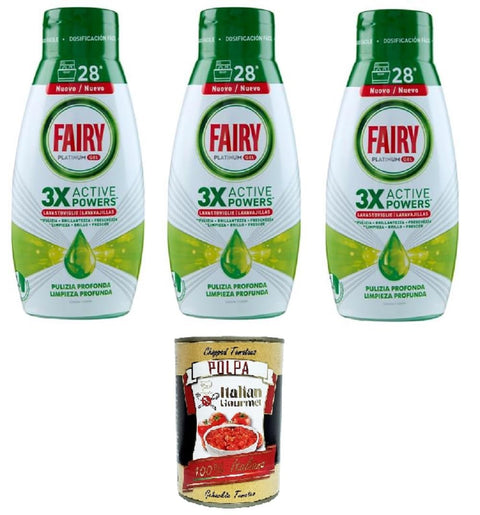 Fairy Geschirrspülgel Platinum Tiefenreinigung, Zitronengeschirrspülmittel, 28 Waschgänge 3x 540 ml inkl. Italian Gourmet polpa 400g Original italienisch