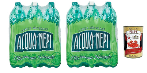 Nepi Acqua di Acqua Minerale Effervescente Naturale, Natürliches sprudelndes Mineralwasser Pet 12 x 1,5 l Original italienisch inkl. Italian Gourmet Polpa 400g
