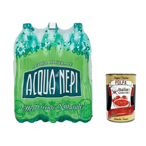 Acqua di Nepi Acqua Minerale Effervescente Naturale, Natürliches sprudelndes Mineralwasser Pet 6 x 1,5 l Original italienisch inkl. Italian Gourmet Polpa 400g