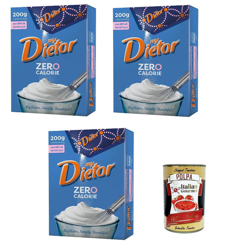 Dietor my Zero Calorie, Natürlicher Süßstoff 0 kcal, Glutenfrei, gluten free, Ohne Aspartam, in Pulverform 3x 200g Original italienisch inkl. Italian Gourmet Polpa 400g