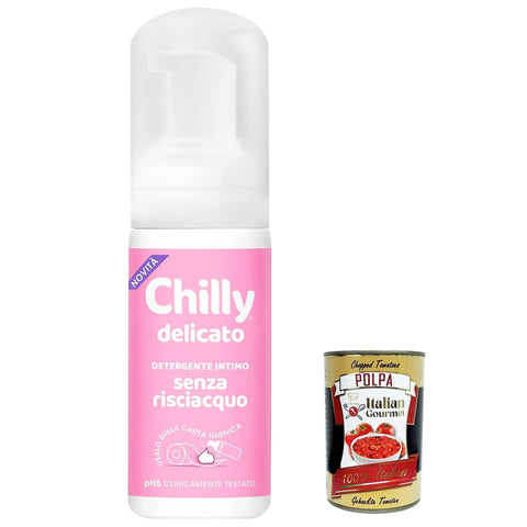 Chilly Senza Risciacquo, Delicato Intimreiniger ohne Ausspülen, zur Verwendung außerhalb des Hauses auf Toilettenpapier, pH5-Mousse-Formel 100 ml 6x Original italienisch inkl. Italian Gourmet Polpa 400g