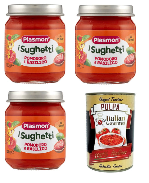 Italian Gourmet E.R. Tomatensauce Plasmon i Sughetti Pomodoro e Basilico i Tomaten- und Basilikumsaucen 3x120 g+ Italian Gourmet Polpa di Pomodoro 400g 8032804040014