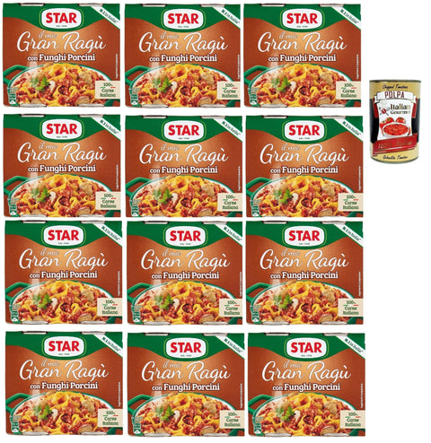 Italian Gourmet E.R. Tomatensauce Star Il mio Gran ragù 'Con Funghi Porcini', ragu sauce mit Steinpilzen, N.1 in Italien, mit 100% italienischem Fleisch, 12 Packung mit 2 Dosen à 180g + Italian Gourmet polpa 400gr 8032804040014