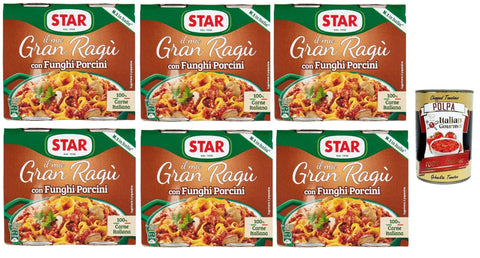 Italian Gourmet E.R. Tomatensauce Star Il mio Gran ragù 'Con Funghi Porcini', ragu sauce mit Steinpilzen, N.1 in Italien, mit 100% italienischem Fleisch, 6 Packung mit 2 Dosen à 180g + Italian Gourmet polpa 400gr 8032804040014