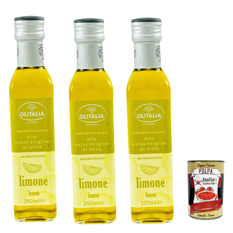 Olitalia Olio Condimento a Base di olio extra vergine di oliva all'aroma di limone, Extra Natives Olivenöl Zitrone geschmack 3x 250ml Original italienisch inkl. Italian Gourmet Polpa 400g