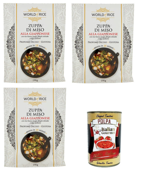 Italian Gourmet E.R. Tütensuppen World of Rice Zuppa di Miso alla Giapponese, Japanische Miso-Suppe, 3x150 g+ Italian Gourmet polpa 400g 8032804040014
