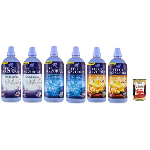 Felce azzurra Ammorbidente Testpaket, Classico, ambra ed argan, Fiori Di Luna, Weichspüler Konzentrat Duftende, 45 Washes, 6x 900Ml Original italienisch inkl. Italian Gourmet Polpa 400g