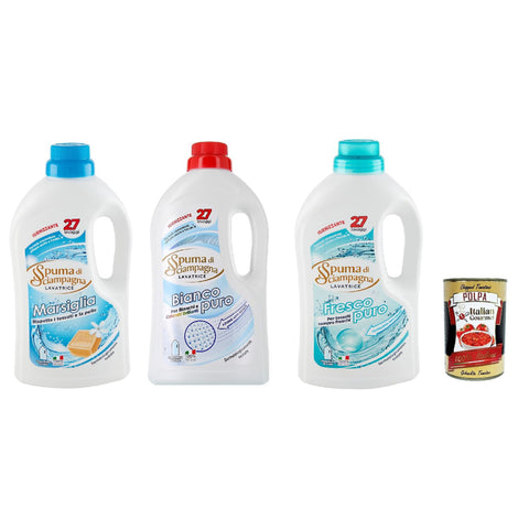 Spuma di Sciampagna TestPaket Detersivo Lavatrice Marsiglia, Bianco Puro. Fresco Puro, Desinfizierendes Flüssigwaschmittel, 27 Wäschen, 3x 1215ml Original italienisch inkl. Italian Gourmet Polpa 400g