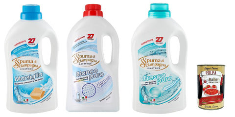 Italian Gourmet E.R. Weiß- & Vollwäsche Spuma di Sciampagna TestPaket Detersivo Lavatrice Marsiglia, Bianco Puro. Fresco Puro, Desinfizierendes Flüssigwaschmittel, 27 Wäschen, 3x 1215ml + Italian Gourmet polpa 400g 8007750017779