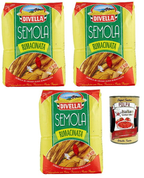 Italian Gourmet E.R. Weizen Divella Semola Rimacinata Hartweizenmehl für Pasta & Pizza 3x 5kg + Italian Gourmet polpa 400g 8032804040014