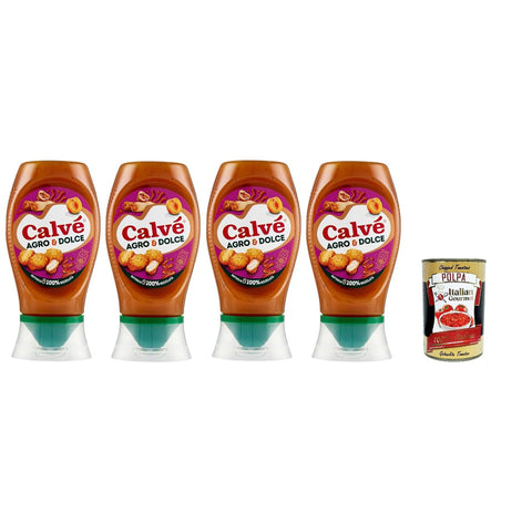 Calvè Calvé Sauce Agro & Dolce,Fruchtige Süß-Sauer-Sauce,Glutenfrei Würzsauce,Top Down 4x 250ml Original italienisch inkl. Italian Gourmet Polpa 400g