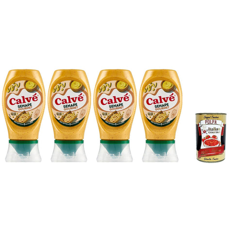 Calvè Senape Gourmet, Senf mit leicht würzigen Körnern, Würzsoße, Glutenfrei Würzsauce, Top Down 4x 250ml inkl. Italian Gourmet polpa 400g Original italienisch