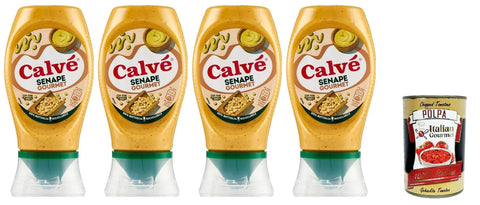 Italian Gourmet E.R. Würzsaucen Calvè Senape Gourmet,Senf mit leicht würzigen Körnern, Würzsoße, Glutenfrei Würzsauce,Top Down 4x 250ml + Italian Gourmet polpa 400g 8032804040014