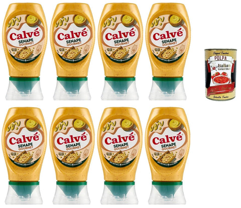 Calvè Senape Gourmet, Senf mit leicht würzigen Körnern, Würzsoße, Glutenfrei Würzsauce, Top Down 8x 250ml inkl. Italian Gourmet polpa 400g Original italienisch