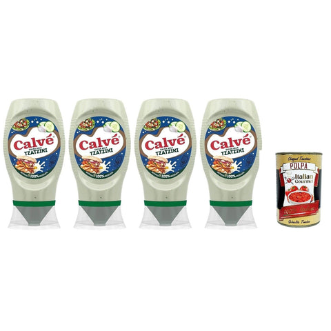 Calvè Calvé Tzaziki Sauce,Würzsoße auf Basis von Gurken und Knoblauch, Glutenfrei Würzsauce, Top Down 4x 250ml Original italienisch inkl. Italian Gourmet Polpa 400g