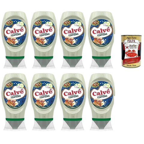 Calvè Calvé Tzaziki Sauce,Würzsoße auf Basis von Gurken und Knoblauch, Glutenfrei Würzsauce, Top Down 8x 250ml Original italienisch inkl. Italian Gourmet Polpa 400g