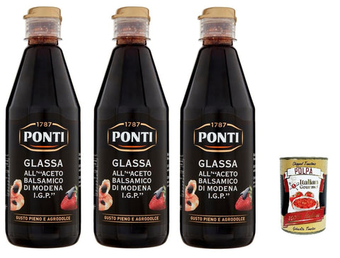 Italian Gourmet E.R. Würzsaucen Ponti Glassa all'Aceto Balsamico di Modena,Glasur mit Balsamico-Essig aus Modena I.G.P., 3x 500g + Italian Gourmet polpa 400g 8032804040014