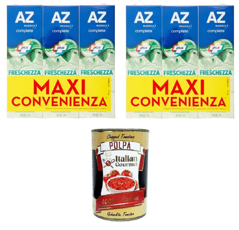 AZ Dentifricio Complete Plus Freschezza Delicata Menta Leggera Complete Plus Zahnpasta Zarte Frische Leichte Minze 6x65 ml inkl. Italian Gourmet polpa 400g Original italienisch