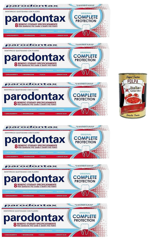Dentifricio Complete Protection, Zahnpasta für gesundes Zahnfleisch und starke Zähne 6x 75ml inkl. Italian Gourmet polpa 400g Original italienisch