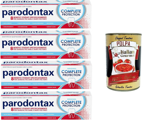 Italian Gourmet E.R. Zahncremes Parodontax Complete Protection Original, tägliche Zahnpasta mit Fluorid, 8 Vorteile, speziell entwickelt für gesünderes Zahnfleisch und stärkere Zähne, 4x75 ml+ Italian Gourmet polpa 400g 8032804040014