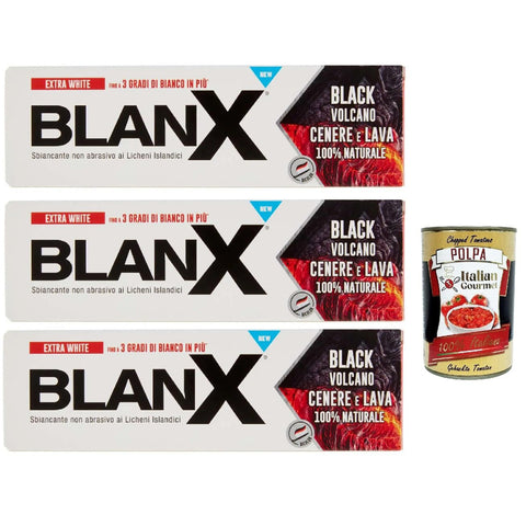 BlanX Dentifricio Black Volcano 3x 75ml, Zahnpasta mit inselisch und vulkanischer, veganer freundlicher und antibakterieller Asche und Asche aufweichen Original italienisch inkl. Italian Gourmet Polpa 400g