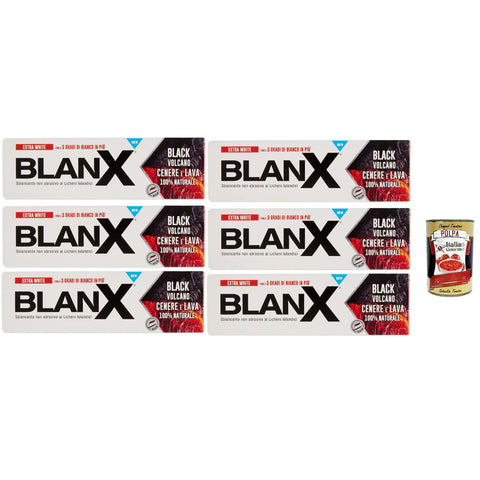 BlanX Dentifricio Black Volcano 6x 75ml, Zahnpasta mit inselisch und vulkanischer, veganer freundlicher und antibakterieller Asche und Asche aufweichen Original italienisch inkl. Italian Gourmet Polpa 400g
