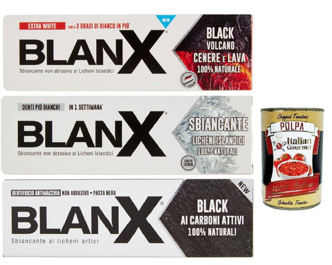 Italian Gourmet E.R. Zahnpasta BlanX Dentifricio Testpaket 3x 75ml, Zahnpasta mit inselisch und vulkanischer, veganer freundlicher und antibakterieller Asche und Asche aufweichen + Italian Gourmet polpa 400g 8032804040014