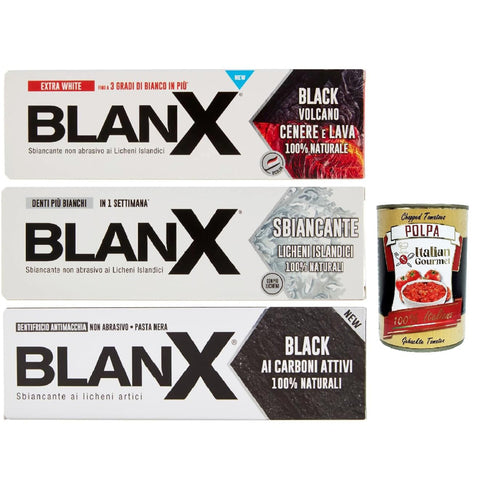 Blanx Dentifricio Testpaket, Zahnpasta mit inselisch und vulkanischer, veganer freundlicher und antibakterieller Asche und Asche aufweichen 3x 75ml inkl. Italian Gourmet polpa 400g Original italienisch