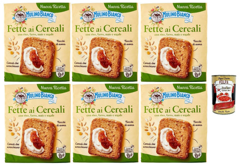 Mulino Bianco Fette biscottate ai cereali 6x 315g Getreide Zwieback, Frühstückskekse, Zwieback kekse gebackenem Brot Original italienisch inkl. Italian Gourmet Polpa 400g