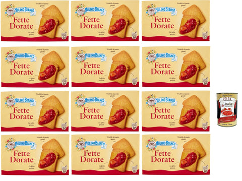 Mulino Bianco Fette Biscottate Dorate, Frühstückskekse, Zwieback kekse gebackenem Brot 12x 630g Original italienisch inkl. Italian Gourmet Polpa 400g
