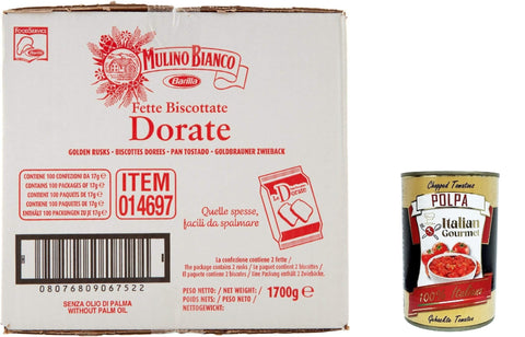 Mulino Bianco Fette Biscottate le Dorate Bianco Goldener Zwieback - Packung mit 100 Stück 1700gr Original italienisch inkl. Italian Gourmet Polpa 400g