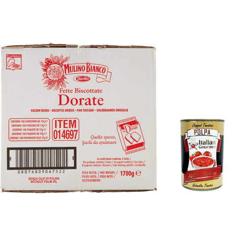 Mulino Bianco Fette Biscottate le Dorate Bianco Goldener Zwieback - Packung mit 100 Stück 1700gr Original italienisch inkl. Italian Gourmet Polpa 400g