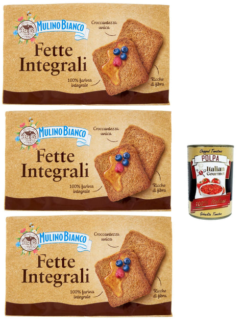 Mulino Bianco Fette biscottate Le Integrali 3x 630g Vollkorn Zwieback Kekse, Frühstückskekse, Zwieback kekse gebackenem Brot Original italienisch inkl. Italian Gourmet Polpa 400g