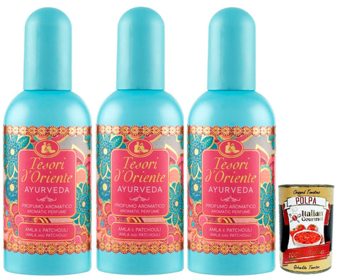 Italian Gourmet Eau de Toilette Tesori d'Oriente Ayurveda Profumi Edt Eau de Toilette 3x 100 ml spray, Aromatic perfume, Frischer und blumiger Duft + Italian Gourmet polpa 400g 8032804040014