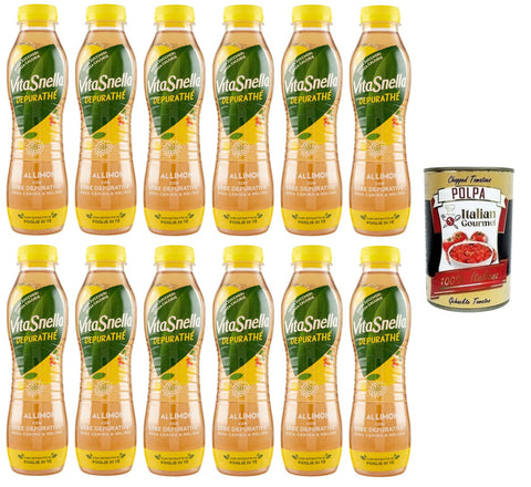 Italian Gourmet Eistee 12x Vitasnella Depurathé Tè al Limone,Eistee aus Zitrone mit reinigenden Kräutern,Hagebutten und Zitronenmelisse,Ohne Zucker Einweg-PET-500ml + Italian Gourmet Polpa di Pomodoro 400g Dose 8006290804894