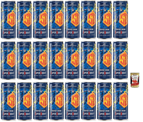 San Benedetto Energy Drink Super Boost Energiegetränk mit Taurin Koffein und B-Vitaminen Einwegdose 250 ml 24x italienisch Original Pastasauce + gratis Polpa di