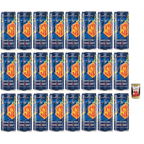 San Benedetto Energy Drink Super Boost Energiegetränk mit Taurin Koffein und B-Vitaminen Einwegdose 250 ml 24x italienisch Original Pastasauce + kostenlos Polpa di
