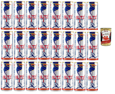Italian Gourmet Energy Drinks Blitz! Energy Drink Bevanda Energetica, Italienisches Energietränk, Erwecken Sie Ihre Energie, kraftvoll und erfrischend anregendes Getränk, 24x 250 ml + Italian Gourmet polpa 400g 8032804040014