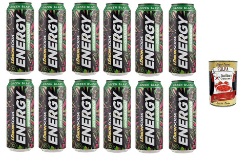Italian Gourmet Energy Drinks Lemonosoda Green blast, Bevanda energetica con guaranà, Alkoholfreier Energydrink mit Guarana, 12x 50cl + Italian Gourmet polpa 400g 8032804040014