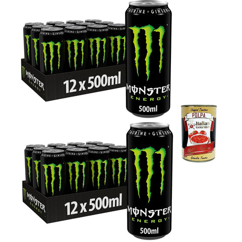 Monster Energy koffeinhaltiger Energydrink mit klassischem Energy Geschmack in wiederverschließbaren Dosen 24x500ml Original italienisch Getränk