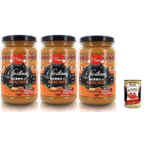I Siciliani Burro di Arachidi, Erdnussbutter, 3er Set, 300 g pro Glas, Sizilianische Spezialität italienisch Original Pastasauce + kostenlos polpa 400 g