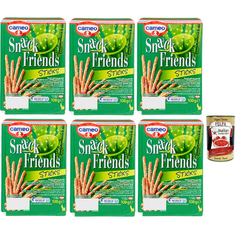Cameo Snack Friends Sticks Herzhafte Kekse für Aperitifs duftende Vorspeisen mit Salzkörnern auf der Oberfläche 6x100 g italienisch Original + kostenlos polpa 400